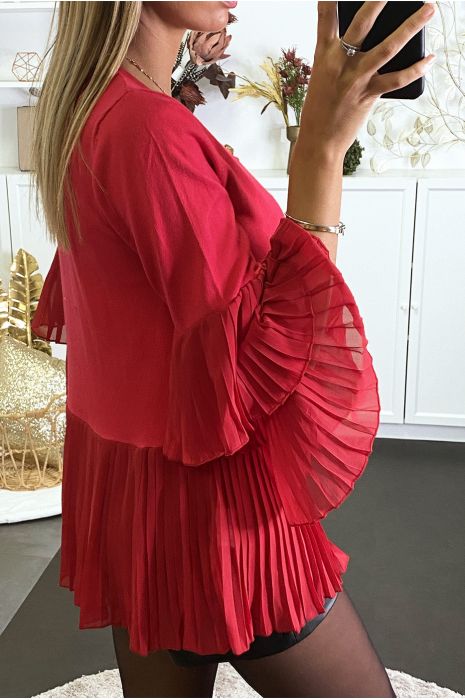 Pull rouge bi matière à volant en voilage plissée - 4