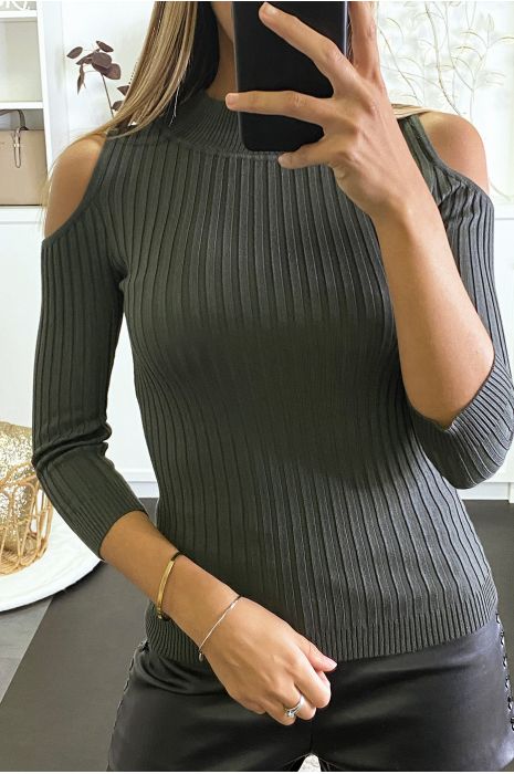 Pull kaki côtelé à épaules dénudées et col haut - 1