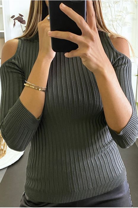 Pull kaki côtelé à épaules dénudées et col haut - 3