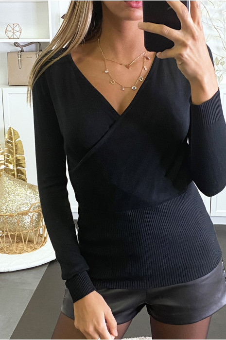 Pull cache coeur noir en maillet tricot très extensible - 1