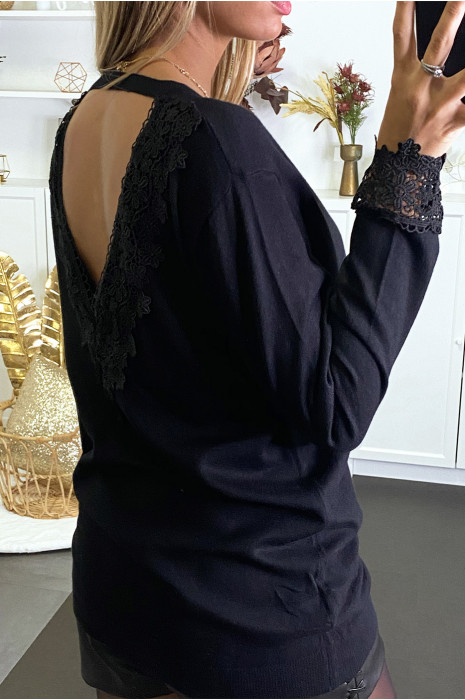 Pull noir col V avec dentelle en forme de V au dos - 4