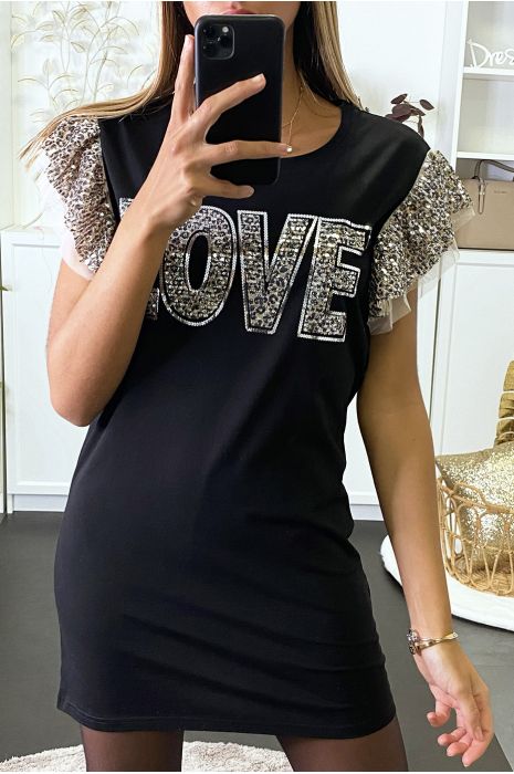 Robe noir avec écriture LOVE et volant en strass aux épaules - 3