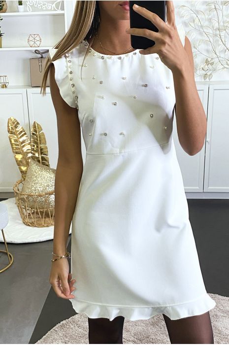 Robe blanche perlé au buste avec volants aux épaules - 1