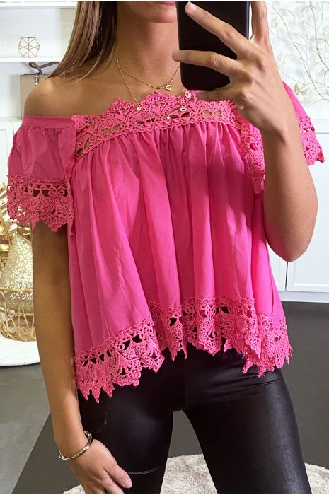 Fuchsia blouse with bardot collar and crochet detail. - 1