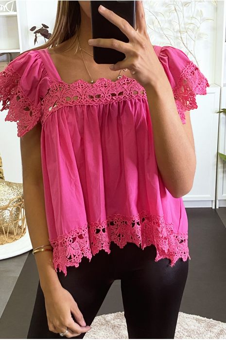 Fuchsia blouse with bardot collar and crochet detail. - 2