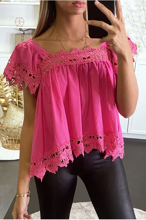 Blouse fuchsia à col bardot et détail crochet. - 3