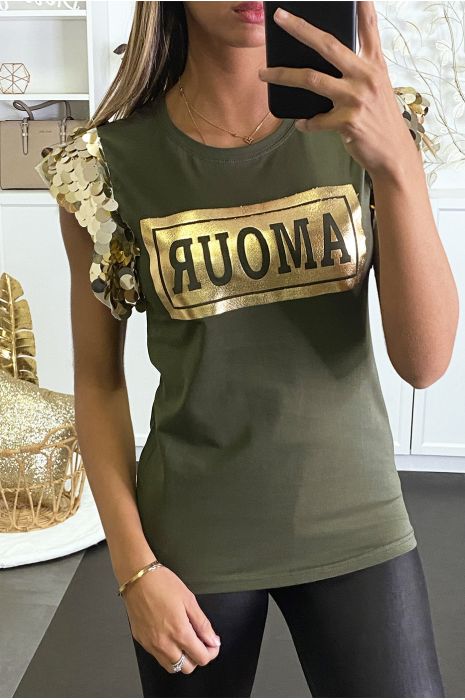 Top kaki avec superbe inscription dorée "AMOUR" et manches en sequin - 1