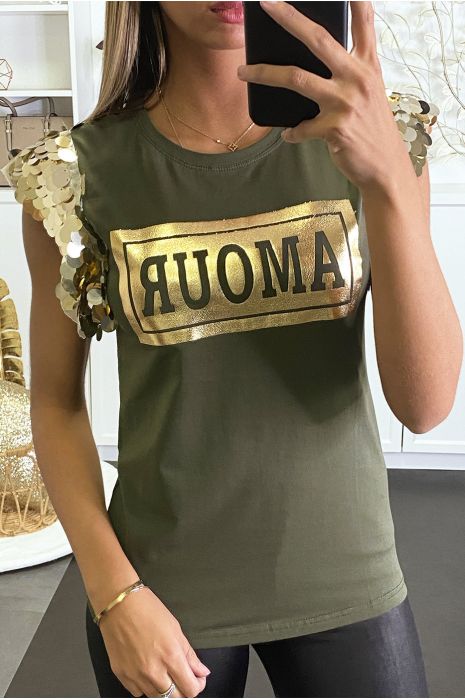 Top kaki avec superbe inscription dorée "AMOUR" et manches en sequin - 2