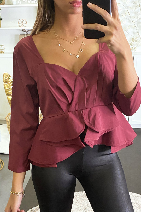 Burgundy peplum blouse with plunging collar and back. - 1