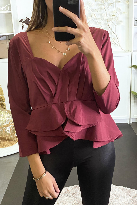 Burgundy peplum blouse with plunging collar and back. - 2