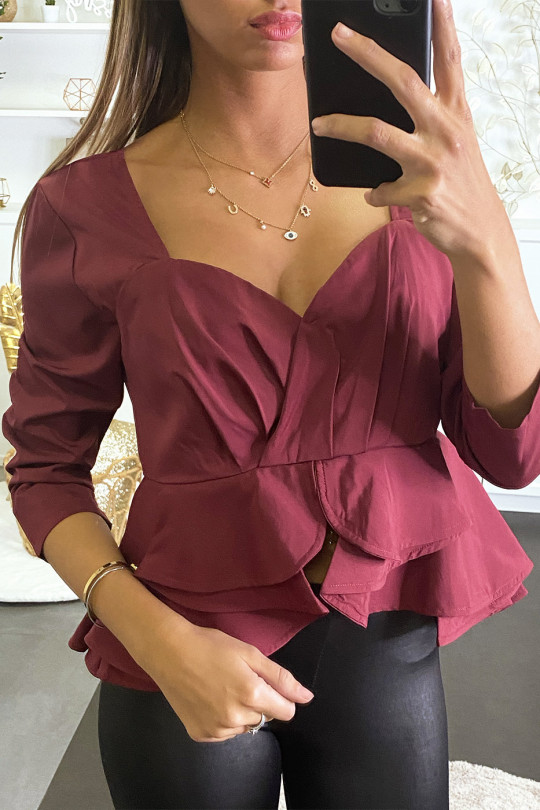 Burgundy peplum blouse with plunging collar and back. - 3