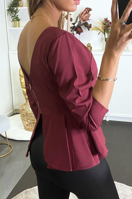 Burgundy peplum blouse with plunging collar and back. - 4