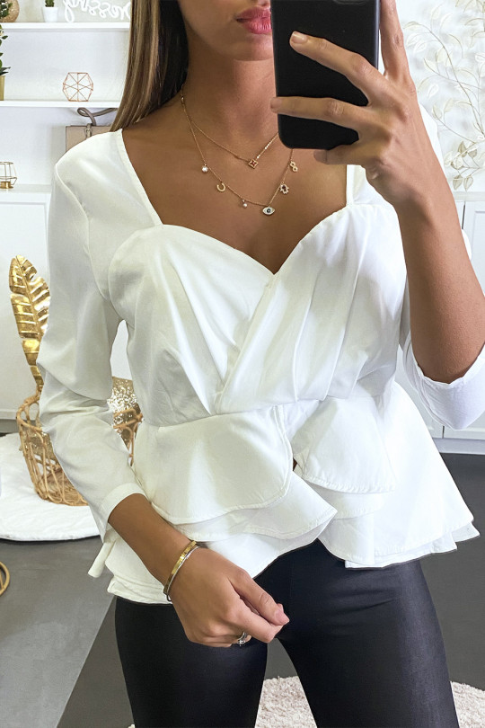 White peplum blouse with plunging collar and back. - 1