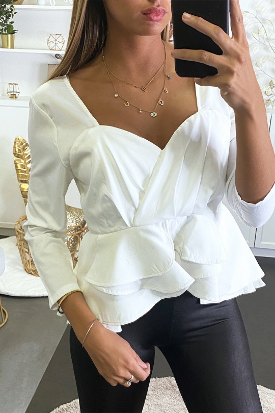 White peplum blouse with plunging collar and back. - 2