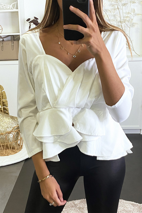 White peplum blouse with plunging collar and back. - 3