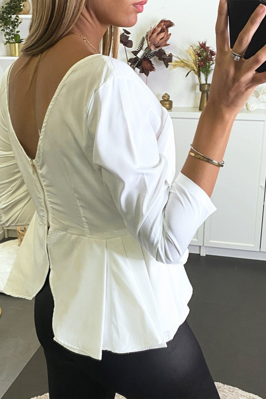 White peplum blouse with plunging collar and back. - 4