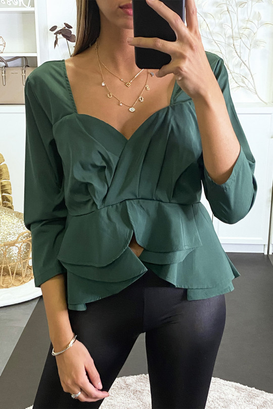 Green peplum blouse with plunging collar and back. - 2