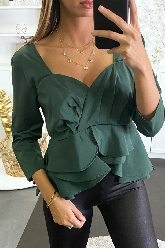 Green peplum blouse with plunging collar and back. - 3