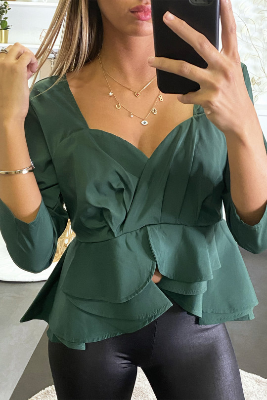 Green peplum blouse with plunging collar and back. - 4