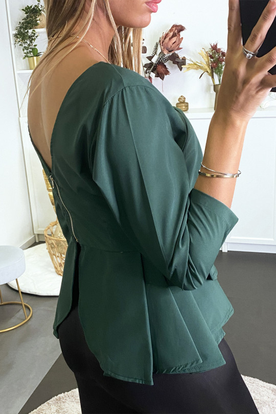 Green peplum blouse with plunging collar and back. - 5