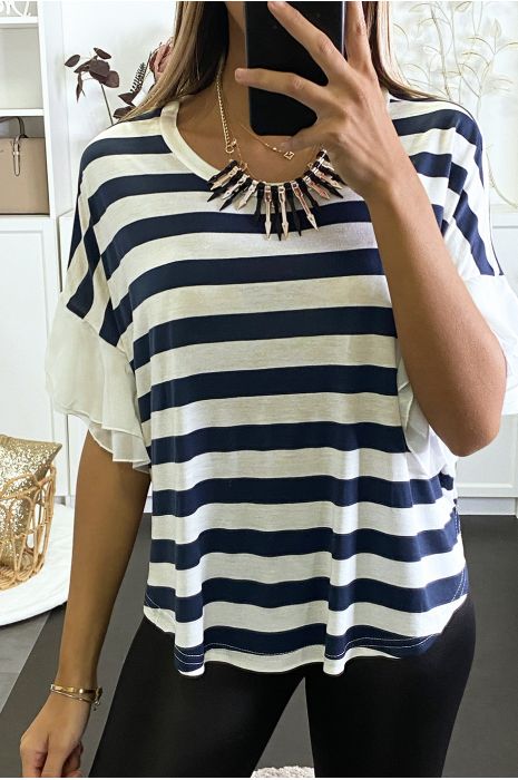 T-shirt oversize marine à rayure, manches en voilage et un collier pic. - 3