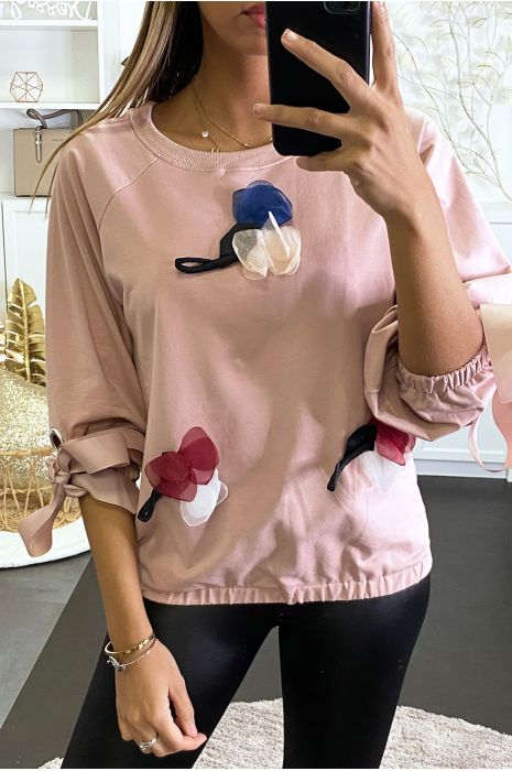 Sweat rose à fleur froufrou et un jolie ruban aux manches réglables. - 1