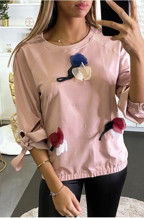Sweat rose à fleur froufrou et un jolie ruban aux manches réglables. - 2