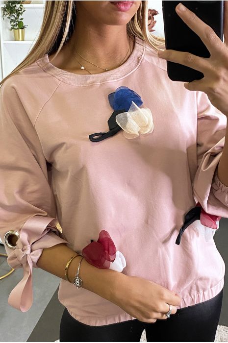 Sweat rose à fleur froufrou et un jolie ruban aux manches réglables. - 3
