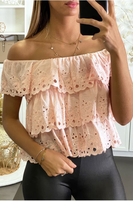 Blouse col bardot rose à volants brodés et à trou. - 1