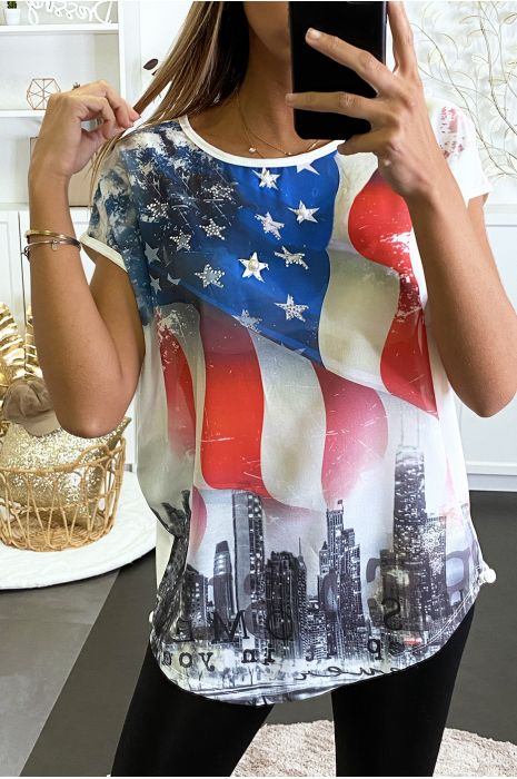 Tee shirt blanc avec dessin et strass à l'avant - 2