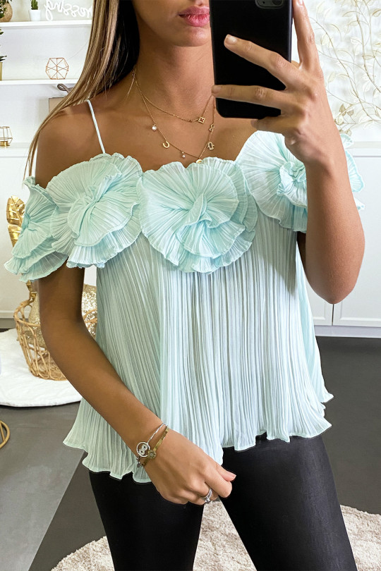Water green pleated blouse with floral accessory on the bust - 1