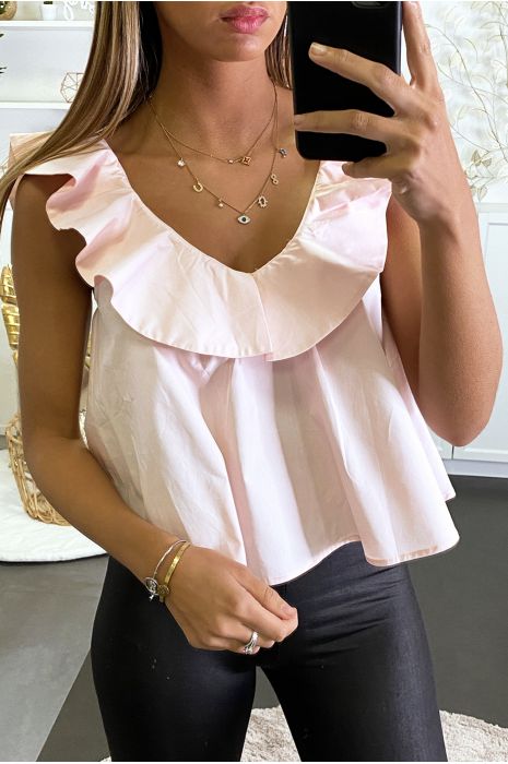 Top rose col V à volant - 1