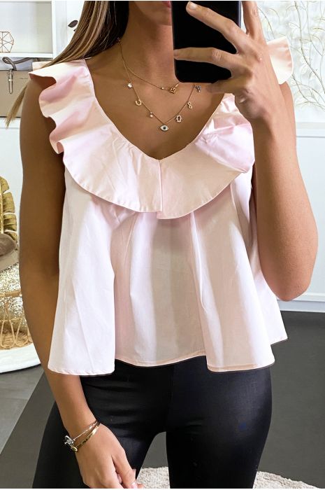 Top rose col V à volant - 2