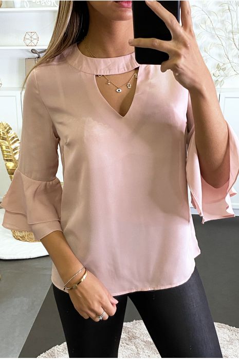 Blouse rose ouvert au buste avec volants aux manches - 1