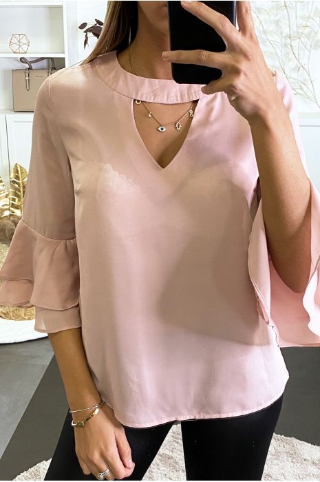 Blouse rose ouvert au buste avec volants aux manches - 2