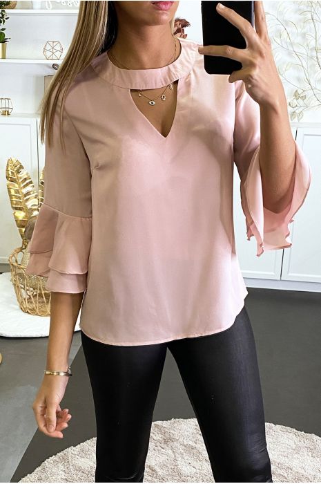 Blouse rose ouvert au buste avec volants aux manches - 3