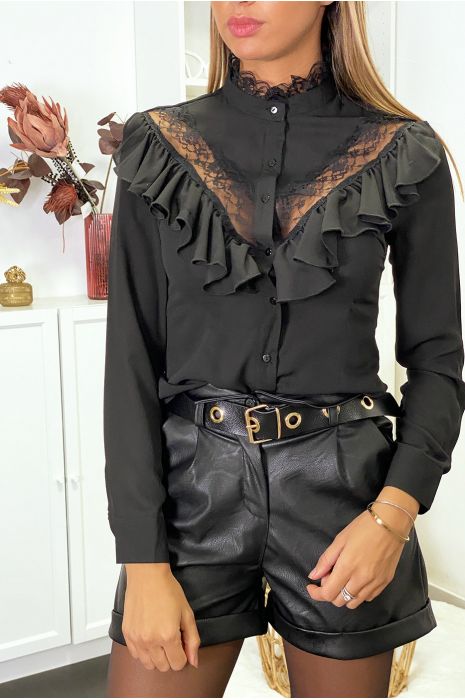 Chemise noir avec dentelle et volant - 1