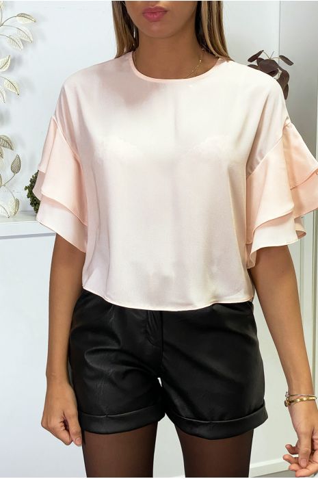 Blouse rose en crêpe avec volants aux manches - 1