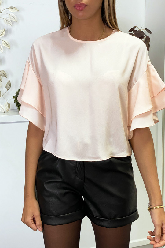 Pink crepe blouse with ruffles on the sleeves - 1