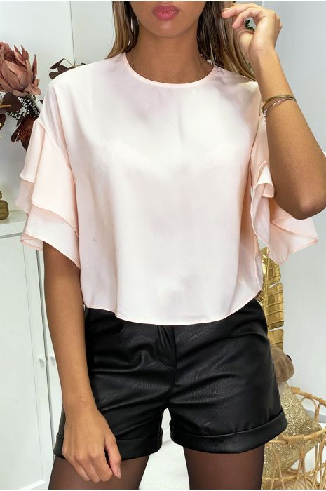 Blouse rose en crêpe avec volants aux manches