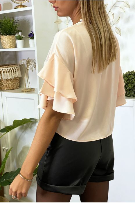 Roze crêpe blouse met ruches aan de mouwen - 3