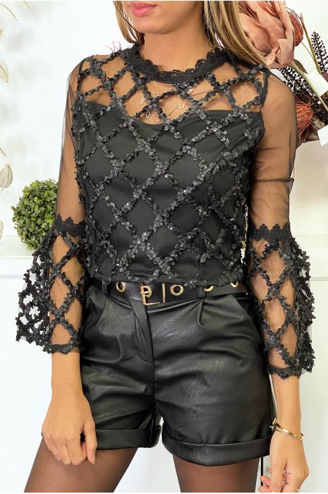 Blouse noire en tulle à quadrillage et manches bouffantes - 1