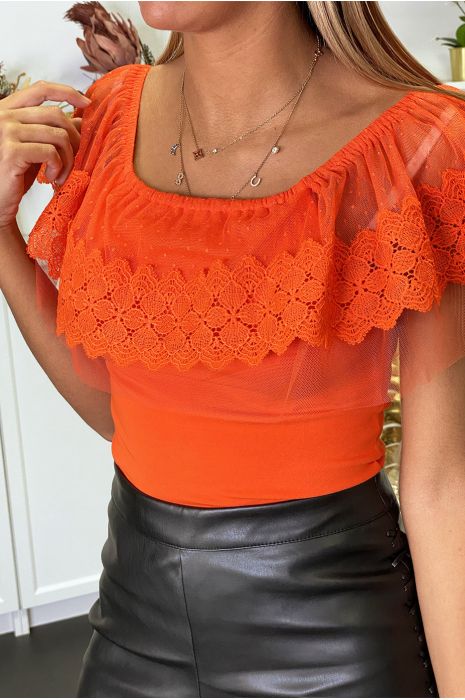 Top orange à col bardot en dentelle et crochet - 2