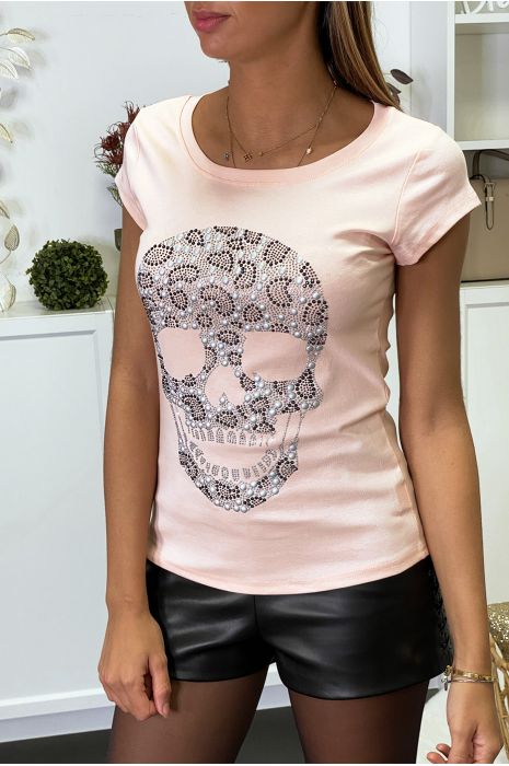 T-shirt rose à motif tête de mort en strass - 1