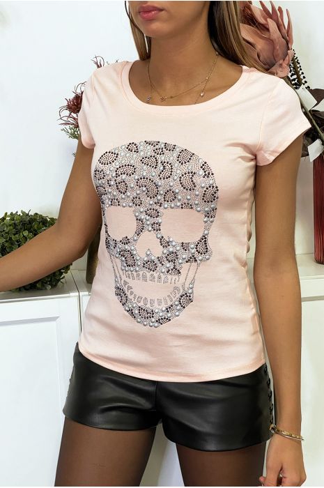 T-shirt rose à motif tête de mort en strass - 4