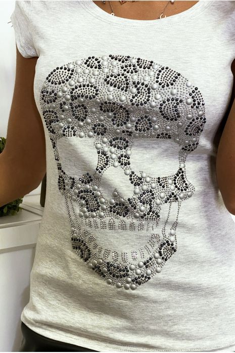 T-shirt gris à motif tête de mort en strass - 2