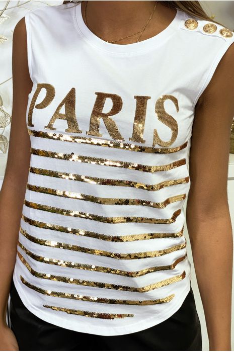 Top blanc avec rayures et inscription dorées en sequin - 3