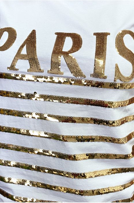 Top blanc avec rayures et inscription dorées en sequin - 4