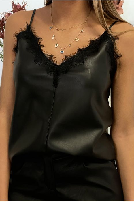 Top débardeur noir en simili avec dentelle au col - 4