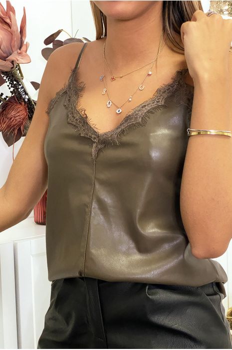 Top débardeur taupe en simili avec dentelle au col - 2